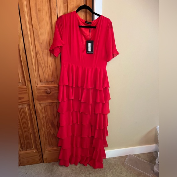 PrettyLittleThing Vibrant Red Ruffle Maxi Dress - Picture 1 of 8